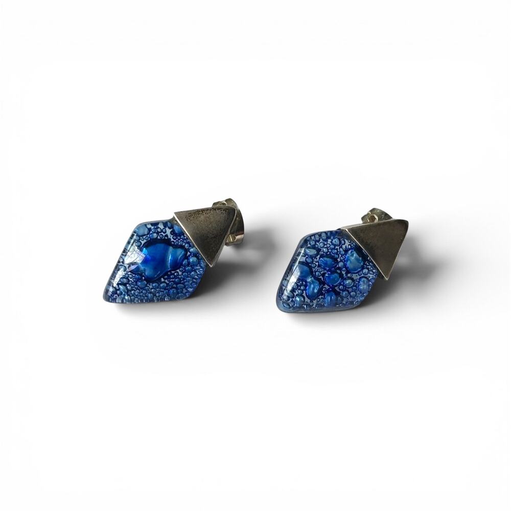Vintage Sterling 925 Blue Dichroic Fused Glass Brilliant Cut Post Earrings